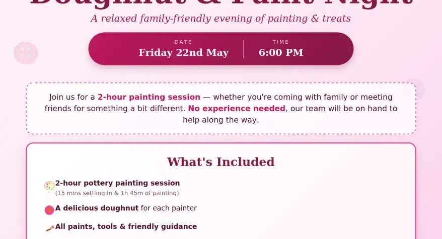 🍩 Doughnut & Paint Night Join us for a relaxed Doughnut & Paint evening at Forrester’s Pottery.